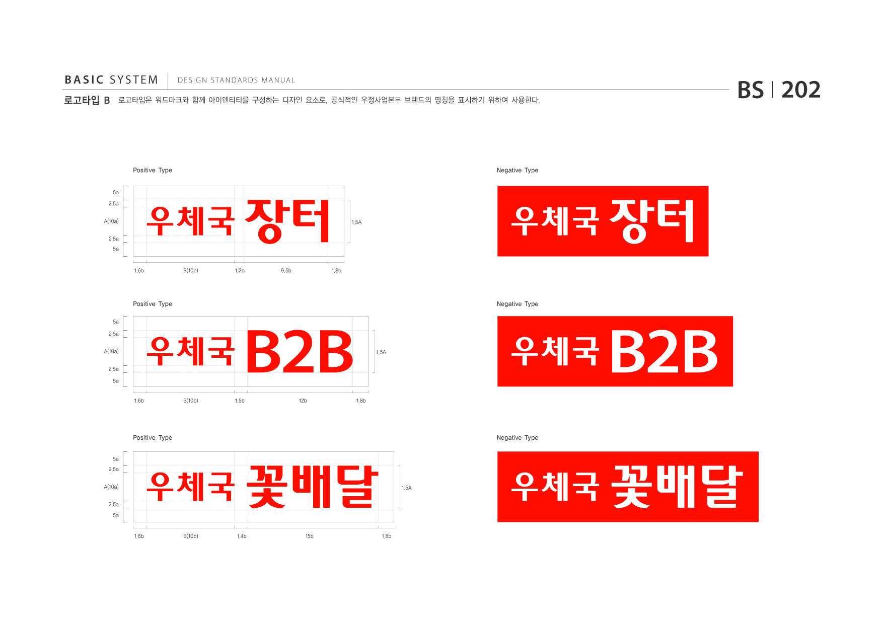 BASIC SYSTEM  DESIGN STANDARDS MANUAL 로고타입 B 로고타입은 워드마크와 함께 아이덴티티를 구성하는 디자인 요소로, 공식적인 우정사업본부 브랜드의 명칭을 표시하기 위하여 사용한다. BS I 202 Positive Type 5a 2.5a A(10a) 2.5a 5a 1.6b B(10b) 1.2b 9.5b 1.8b 1.5A 우체국 장터 Negative Type 우체국 장터 Positive Type 5a 2.5a A(10a) 2.5a 5a 1.6b B(10b) 1.5b 12b 1.8b 1.5A 우체국 B2B Negative Type 우체국 B2B Positive Type 5a 2.5a A(10a) 2.5a 5a 1.6b B(10b) 1.4b 15b 1.8b 1.5A 우체국 꽃배달 Negative Type 우체국 꽃배달 